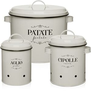 potato, onion and garlic storage canisters set of 3- for kitchen/pantry. organizer and storage bins for fresh produce-ventilated bins keeps vegetables fresh- vintage off white modern farmhouse decor containers with lids