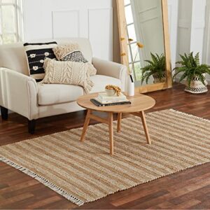 pebble & crane - nottingham rug - woven throw rug - jute and cotton - area rug for kitchen, living room, bedroom, and more - fringe trim - 6’ x 9’ - natural and beige