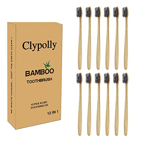 Clypolly Firm Toothbrush Extra Hard Birstles Bamboo Toothbrush for Adult 12 Pieces