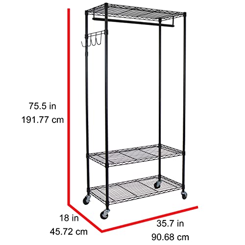 Oceanstar Heavy Duty Rolling Storage Garment Rack with Adjustable Shelves and Hook,Black