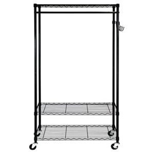 Oceanstar Heavy Duty Rolling Storage Garment Rack with Adjustable Shelves and Hook,Black