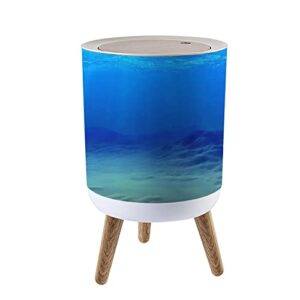 trash can with lid underwater with a sandy bottom and sunbeams press cover small garbage bin round with wooden legs waste basket for bathroom kitchen bedroom 7l/1.8 gallon