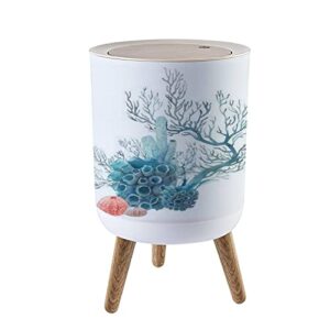 trash can with lid watercolor coral hand drawn isolated underwater branches sea urchin press cover small garbage bin round with wooden legs waste basket for bathroom kitchen bedroom 7l/1.8 gallon