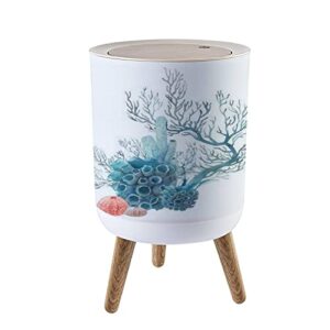 Trash Can with Lid Watercolor Coral Hand Drawn Isolated Underwater Branches sea Urchin Press Cover Small Garbage Bin Round with Wooden Legs Waste Basket for Bathroom Kitchen Bedroom 7L/1.8 Gallon