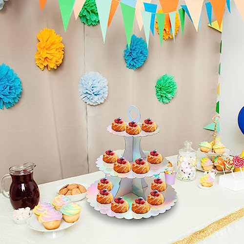 Anjmd 3 Tier Round Rainbow Cupcake Stand Holder Cardboard Mini Dessert Stand Cupcake Tower for 24 Cupcakes Pastry Serving Platter Perfect for Party Baby Shower Birthday Wedding Party Supplies