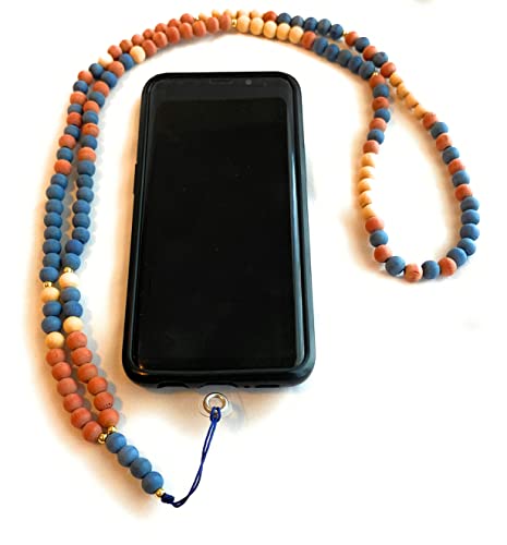 Wooden beaded phone chain lanyard gift for women stocking stuffer (Blue with Universal Tab)