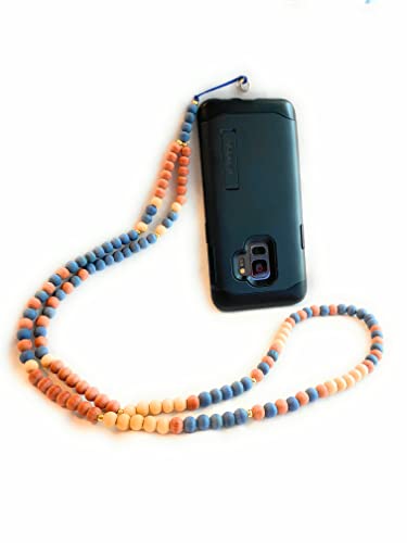 Wooden beaded phone chain lanyard gift for women stocking stuffer (Blue with Universal Tab)