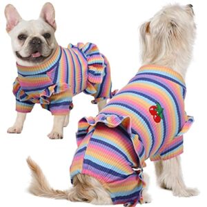 dog pajamas striped onesie, cute soft pet jumpsuit, breathable dog bodysuit with skirt, puppy pullover shirt for indoor outdoor use, stretchable outfit sleeping clothes for dog hair shedding cover