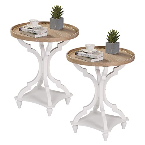 Wnutrees Farmhouse Round Accent End Table, Rustic Side Table Nightstands for Living Room Bedroom, Wood Tray Top, Handcrafted Finish, Set of 2, White