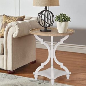 Wnutrees Farmhouse Round Accent End Table, Rustic Side Table Nightstands for Living Room Bedroom, Wood Tray Top, Handcrafted Finish, Set of 2, White