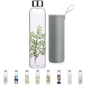 borosilicate glass water bottle with leak proof lid and protective neoprene sleeve 32oz / 16oz (green leaves, 16oz)