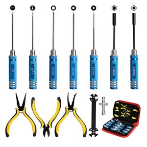 12pcs rc car tools kits screwdriver set (hex, phillips, flat) pliers socket wrench hobby tools kits for traxxas arrma rc car drone airplane helicopter vehicle multirotors models repair tool (blue)