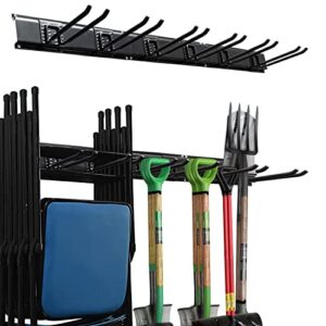 yoo garage storage rack, garden tool rack,garage tool organizer wall mount of heavy-duty solid steel max 850lbs in total,tool hanger with 7 hooks holds yard tools/folding chair/rakes/cable/broom