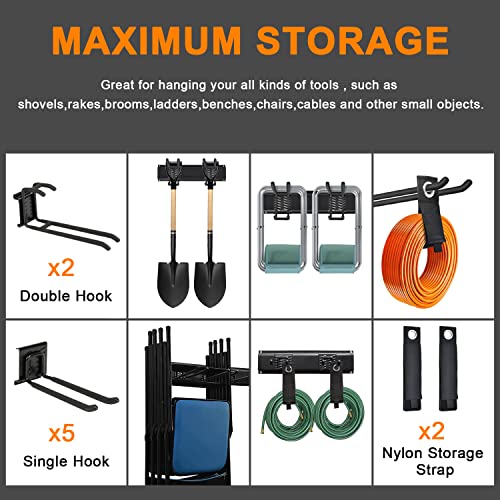 Yoo Garage Storage Rack, Garden Tool Rack,Garage Tool Organizer Wall Mount of Heavy-Duty Solid Steel Max 850lbs in Total,Tool Hanger with 7 Hooks Holds Yard Tools/Folding Chair/Rakes/Cable/Broom