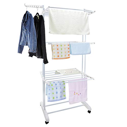 Voil Clothes Airer 3 Tier Foldable Laundry Drying Clothes Rack Outdoor Indoor Heavy Duty Clothing Horse Garment Dryer Stand on Wheel, White