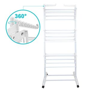 Voil Clothes Airer 3 Tier Foldable Laundry Drying Clothes Rack Outdoor Indoor Heavy Duty Clothing Horse Garment Dryer Stand on Wheel, White