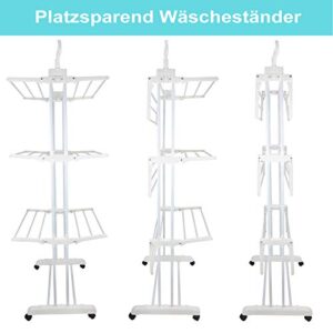 Voil Clothes Airer 3 Tier Foldable Laundry Drying Clothes Rack Outdoor Indoor Heavy Duty Clothing Horse Garment Dryer Stand on Wheel, White