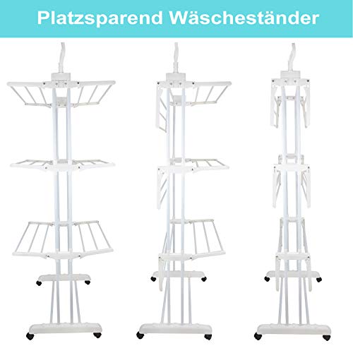 Voil Clothes Airer 3 Tier Foldable Laundry Drying Clothes Rack Outdoor Indoor Heavy Duty Clothing Horse Garment Dryer Stand on Wheel, White