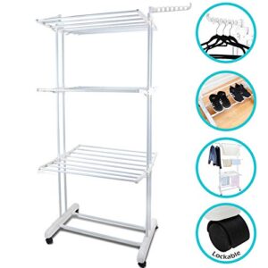 Voil Clothes Airer 3 Tier Foldable Laundry Drying Clothes Rack Outdoor Indoor Heavy Duty Clothing Horse Garment Dryer Stand on Wheel, White