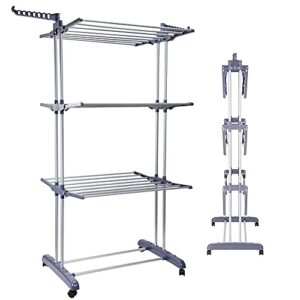 Voil 3 Tier Clothes Drying Rack Clothes Airer,Foldable Laundry Outdoor Indoor Heavy Duty Clothing Horse Garment Dryer Stand on Wheel