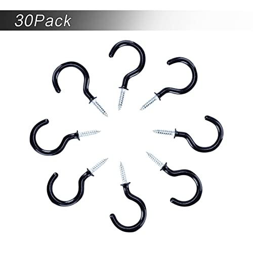 30pcs Vinyl Coated Screw -in Cup Hooks, 1-1/4 Ceiling Hooks for Hanging Plants, Lights, Cups, Indoor and Outdoor Use (Black)