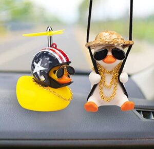 wonuu rubber duck toy car ornaments and rubber duck car ornaments, funny shake duck car pendant yellow duck car dashboard decorations with propeller helmet for car interior decors (rich&american flag)
