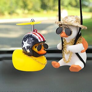 wonuu Rubber Duck Toy Car Ornaments and Rubber Duck Car Ornaments, Funny Shake Duck Car Pendant Yellow Duck Car Dashboard Decorations with Propeller Helmet for Car Interior Decors (Rich&American Flag)