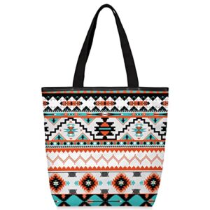 ethnic aztec canvas tote bag, eco friendly reusable grocery shopping bags beach bag book tote handbags washable shoulder bag with zipper inner pocket for women girls