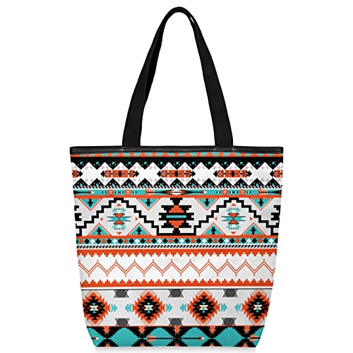 Ethnic Aztec Canvas Tote Bag, Eco Friendly Reusable Grocery Shopping Bags Beach Bag Book Tote Handbags Washable Shoulder Bag With Zipper Inner Pocket for Women Girls