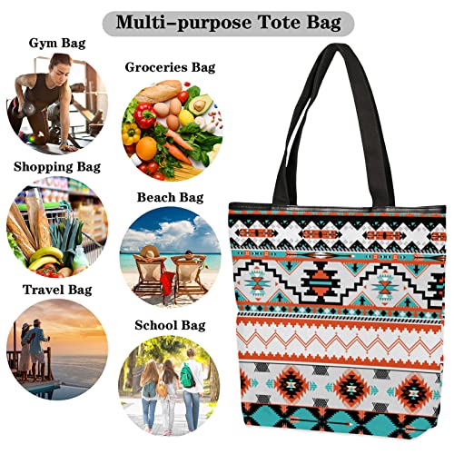 Ethnic Aztec Canvas Tote Bag, Eco Friendly Reusable Grocery Shopping Bags Beach Bag Book Tote Handbags Washable Shoulder Bag With Zipper Inner Pocket for Women Girls