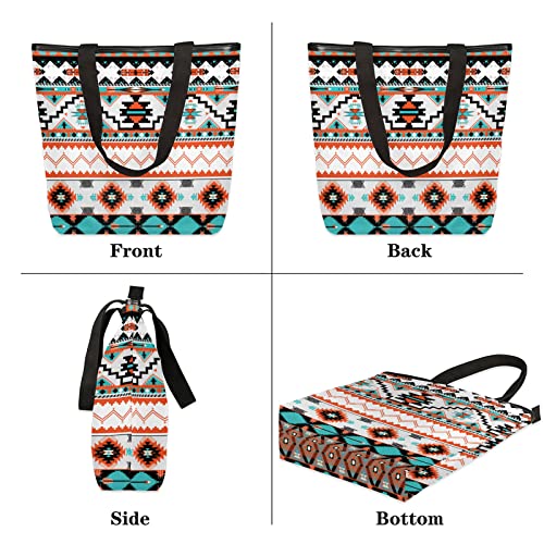 Ethnic Aztec Canvas Tote Bag, Eco Friendly Reusable Grocery Shopping Bags Beach Bag Book Tote Handbags Washable Shoulder Bag With Zipper Inner Pocket for Women Girls