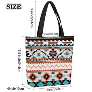 Ethnic Aztec Canvas Tote Bag, Eco Friendly Reusable Grocery Shopping Bags Beach Bag Book Tote Handbags Washable Shoulder Bag With Zipper Inner Pocket for Women Girls