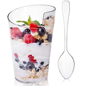 fasmov 100 pack 2 oz mini dessert cups with 100 spoons, clear plastic parfait appetizer cup for tasting party desserts appetizers