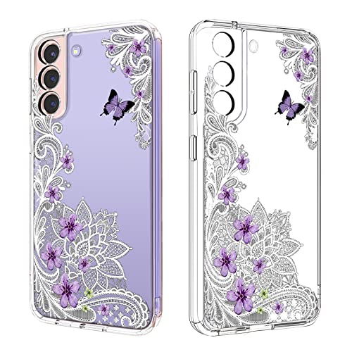 White Lace Case for Samsung Galaxy S21 FE 5G,Butterfly Floral Flower Pattern for Women Girl Glitter Clear Ultra Slim Soft Silicone TPU Protective Cover Compatible for Samsung Galaxy S21 FE 6.4INCH