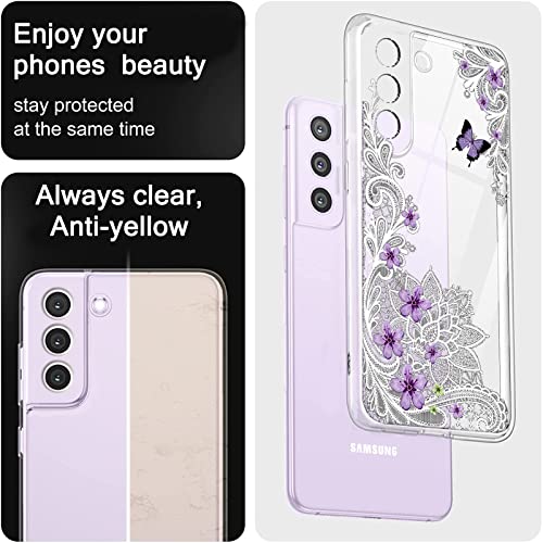 White Lace Case for Samsung Galaxy S21 FE 5G,Butterfly Floral Flower Pattern for Women Girl Glitter Clear Ultra Slim Soft Silicone TPU Protective Cover Compatible for Samsung Galaxy S21 FE 6.4INCH