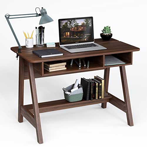 Tangkula Mid Century Writing Desk with Storage Cubes & Hidden Compartment, Computer Desk Makeup Vanity Table for Bedroom, Writing Study Table with Storage Shelf, Home Office Desk Dressing Table