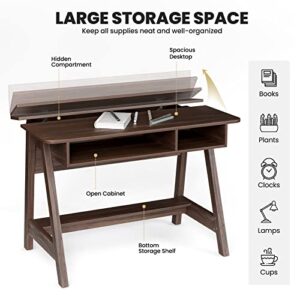 Tangkula Mid Century Writing Desk with Storage Cubes & Hidden Compartment, Computer Desk Makeup Vanity Table for Bedroom, Writing Study Table with Storage Shelf, Home Office Desk Dressing Table