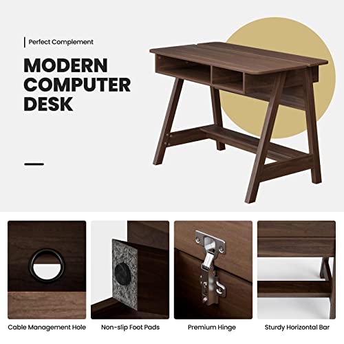 Tangkula Mid Century Writing Desk with Storage Cubes & Hidden Compartment, Computer Desk Makeup Vanity Table for Bedroom, Writing Study Table with Storage Shelf, Home Office Desk Dressing Table