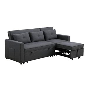 bowery hill dark gray linen fabric 3-in-1 convertible sleeper sofa with side pocket and 3 pillows