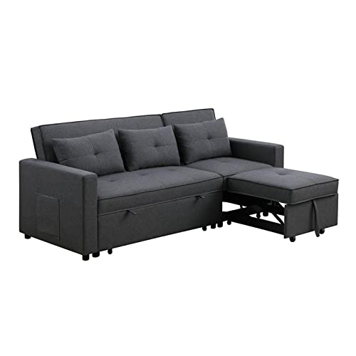 BOWERY HILL Dark Gray Linen Fabric 3-in-1 Convertible Sleeper Sofa with Side Pocket and 3 Pillows