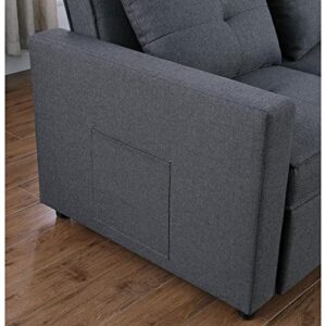 BOWERY HILL Dark Gray Linen Fabric 3-in-1 Convertible Sleeper Sofa with Side Pocket and 3 Pillows