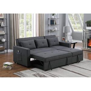 BOWERY HILL Dark Gray Linen Fabric 3-in-1 Convertible Sleeper Sofa with Side Pocket and 3 Pillows