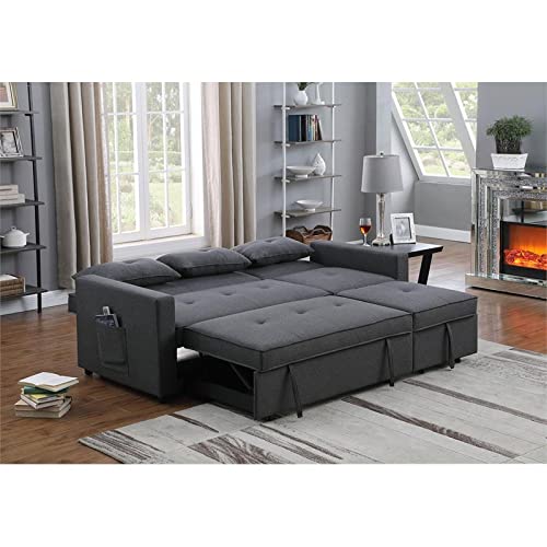 BOWERY HILL Dark Gray Linen Fabric 3-in-1 Convertible Sleeper Sofa with Side Pocket and 3 Pillows