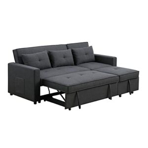 BOWERY HILL Dark Gray Linen Fabric 3-in-1 Convertible Sleeper Sofa with Side Pocket and 3 Pillows