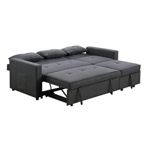 BOWERY HILL Dark Gray Linen Fabric 3-in-1 Convertible Sleeper Sofa with Side Pocket and 3 Pillows