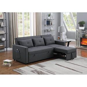 BOWERY HILL Dark Gray Linen Fabric 3-in-1 Convertible Sleeper Sofa with Side Pocket and 3 Pillows