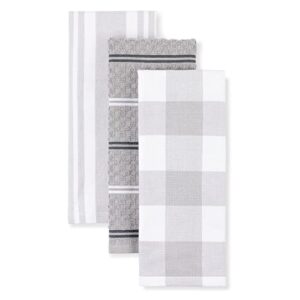 kitchenaid stripe gingham dual polyester cotton rectangle kitchen towel 3-pack set, matte grey, 16"x28"