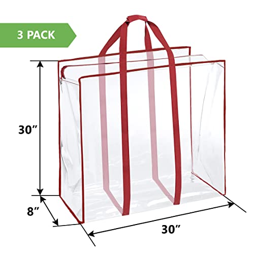 ProPik Clear Storage Bag Gift Wrap Clothes Organizer Big Zippered Christmas Decorations Storage Vinyl Bag for Under Bed Moving Bedding Linen Pillow Blanket Cloth Bag Reinforced Handles (Red, 3)