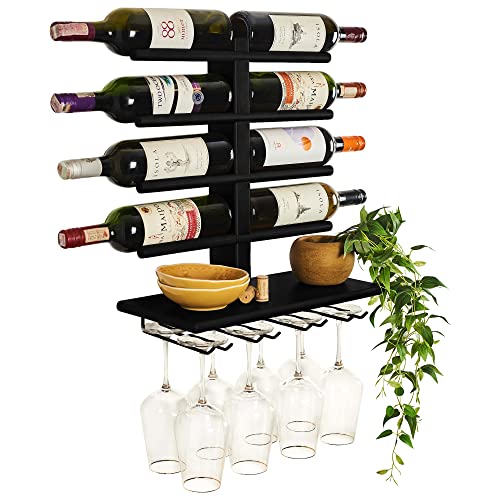 Black Wine Rack Wall Mounted with Shelf for 8 Wine Bottles & Glasses - Wood Rustic Wine Glass Floating Rack with Stemware Hanger. Wine Decor and Storage Holder for Kitchen, Living Room & Bar