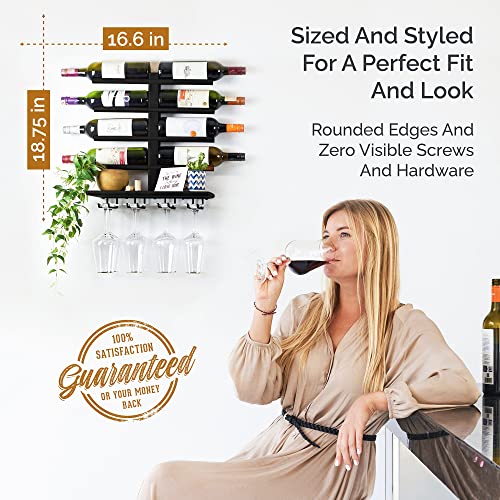 Black Wine Rack Wall Mounted with Shelf for 8 Wine Bottles & Glasses - Wood Rustic Wine Glass Floating Rack with Stemware Hanger. Wine Decor and Storage Holder for Kitchen, Living Room & Bar
